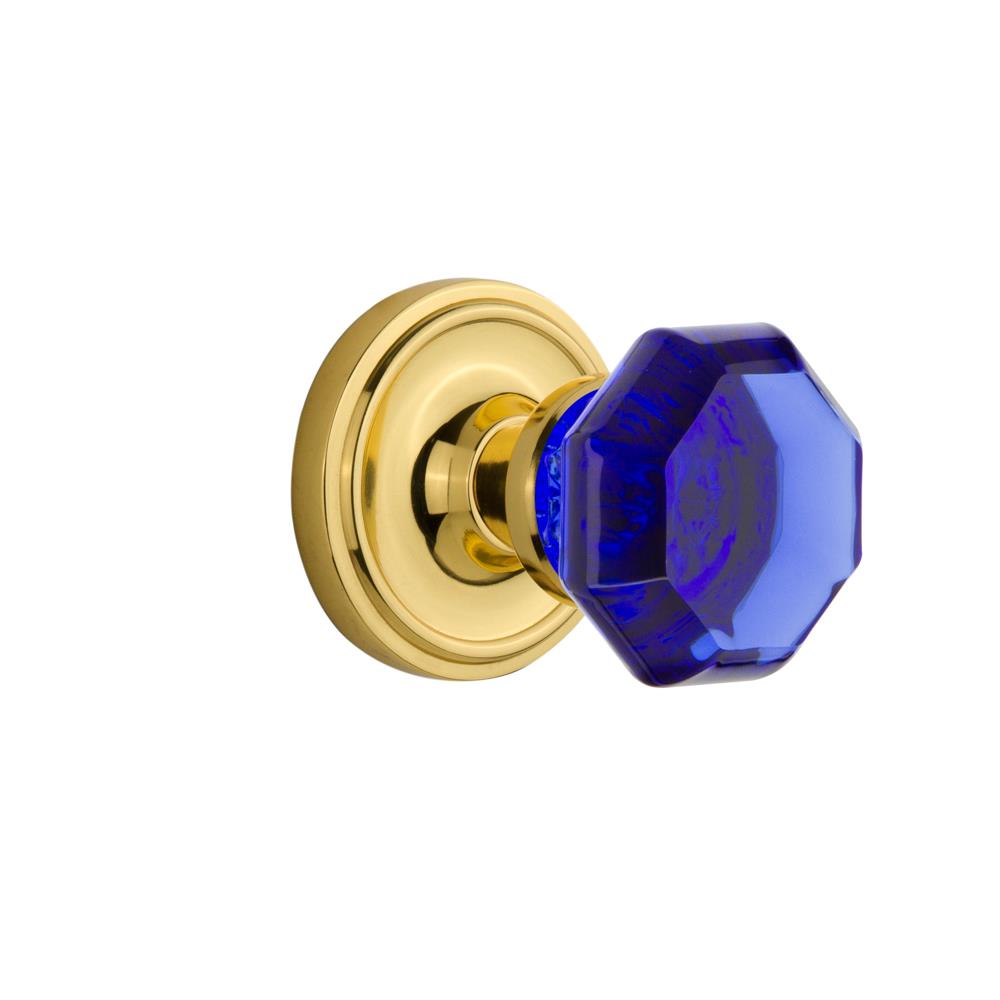 Nostalgic Warehouse CLAWAC Colored Crystal Classic Rosette Double Dummy Waldorf Cobalt Door Knob in Unlaquered Brass